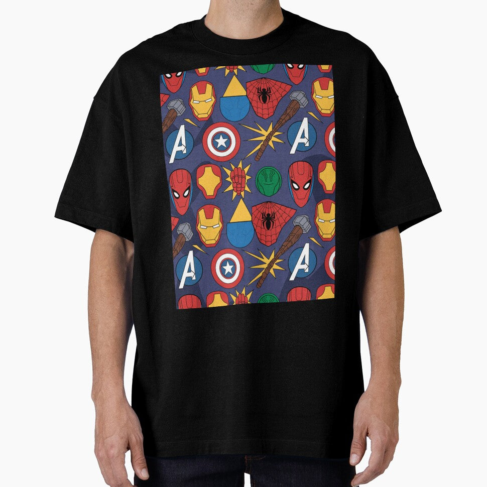 Marvel Avengers Seamless Pattern ÿ Superhero Icons Retro Style Tee