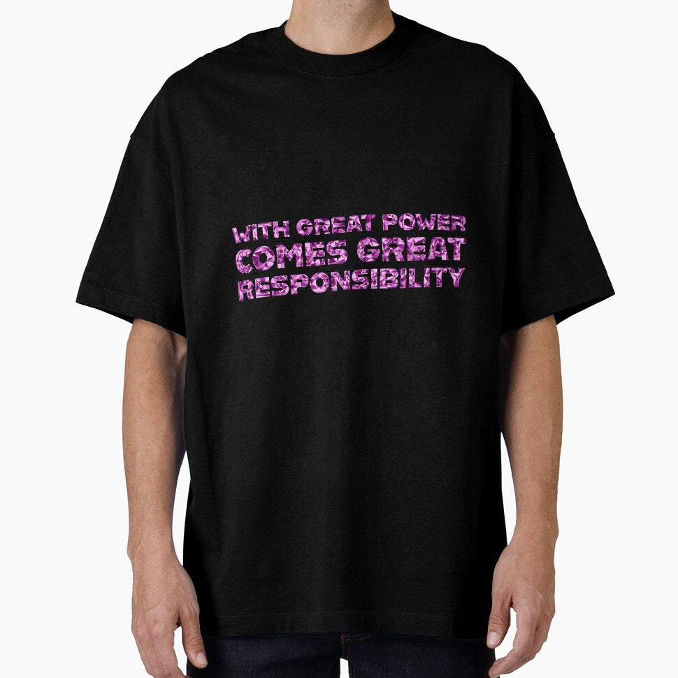 "With Great Power Comes Great Responsibilty" Inspirational Quote Pink Triangular Mosaic Design Retro Style Tee