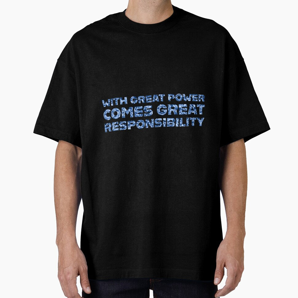 "With Great Power Comes Great Responsibilty" Inspirational Quote Blue Triangular Mosaic Design Casual Print T-Shirt