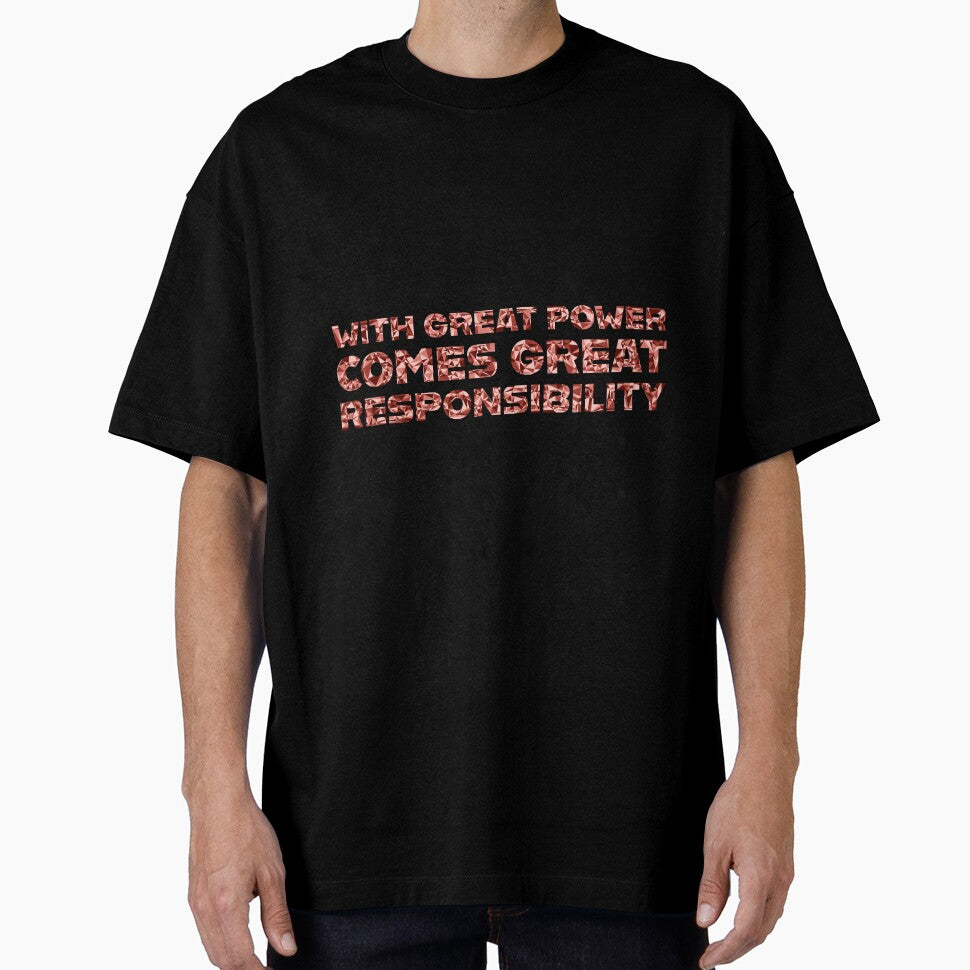 "With Great Power Comes Great Responsibilty" Inspirational Quote Red Triangular Mosaic Design Retro Style Tee