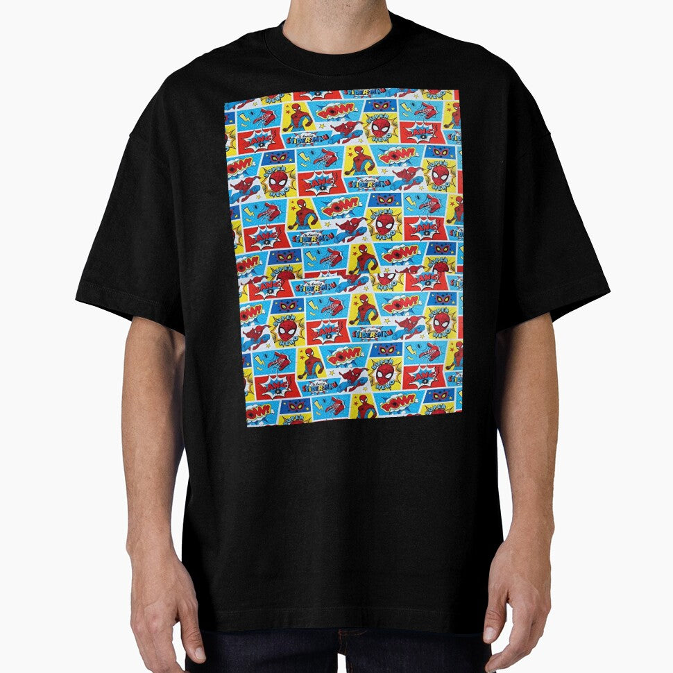 A Fun and Colorful Pattern Featuring Iconic Superheroe Spiderman and Action Phrases in Bright Comic Book Style Classic Graphic Shirt