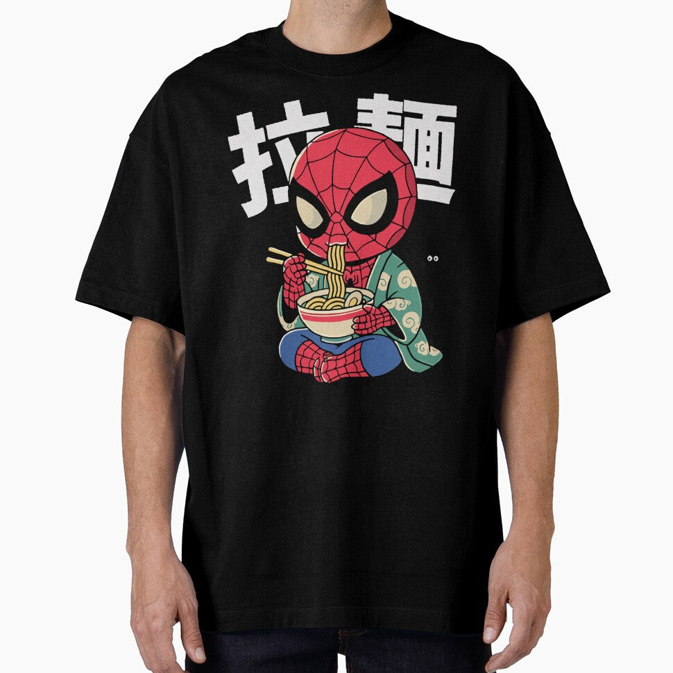 Spider-Man Eatingg Ramen Funny Japanese Style Everyday Graphic Tee