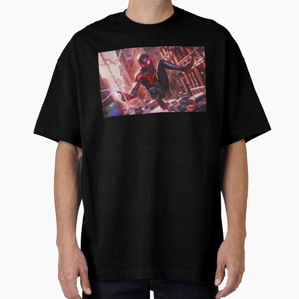 Black Red Spider Hero Swinging Through City | Cyber Spider Fan Art | Urban Superhero Action Illustration Retro Style Tee