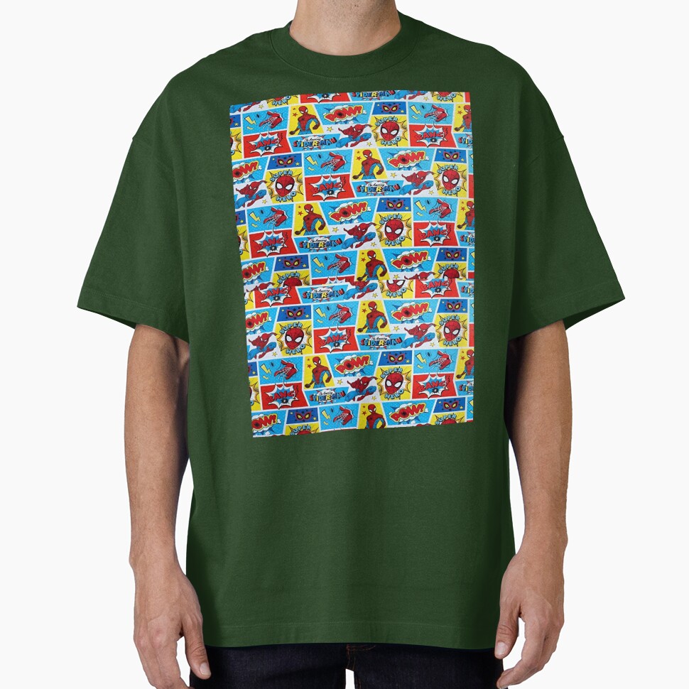 A Fun and Colorful Pattern Featuring Iconic Superheroe Spiderman and Action Phrases in Bright Comic Book Style Classic Graphic Shirt