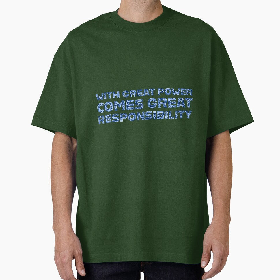 "With Great Power Comes Great Responsibilty" Inspirational Quote Blue Triangular Mosaic Design Casual Print T-Shirt