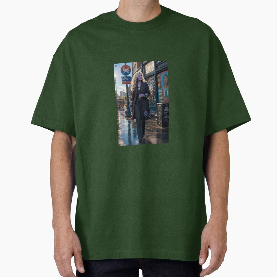 Blonde Woman in Black Coat Spiderman Brand New Day Casual Print T-Shirt