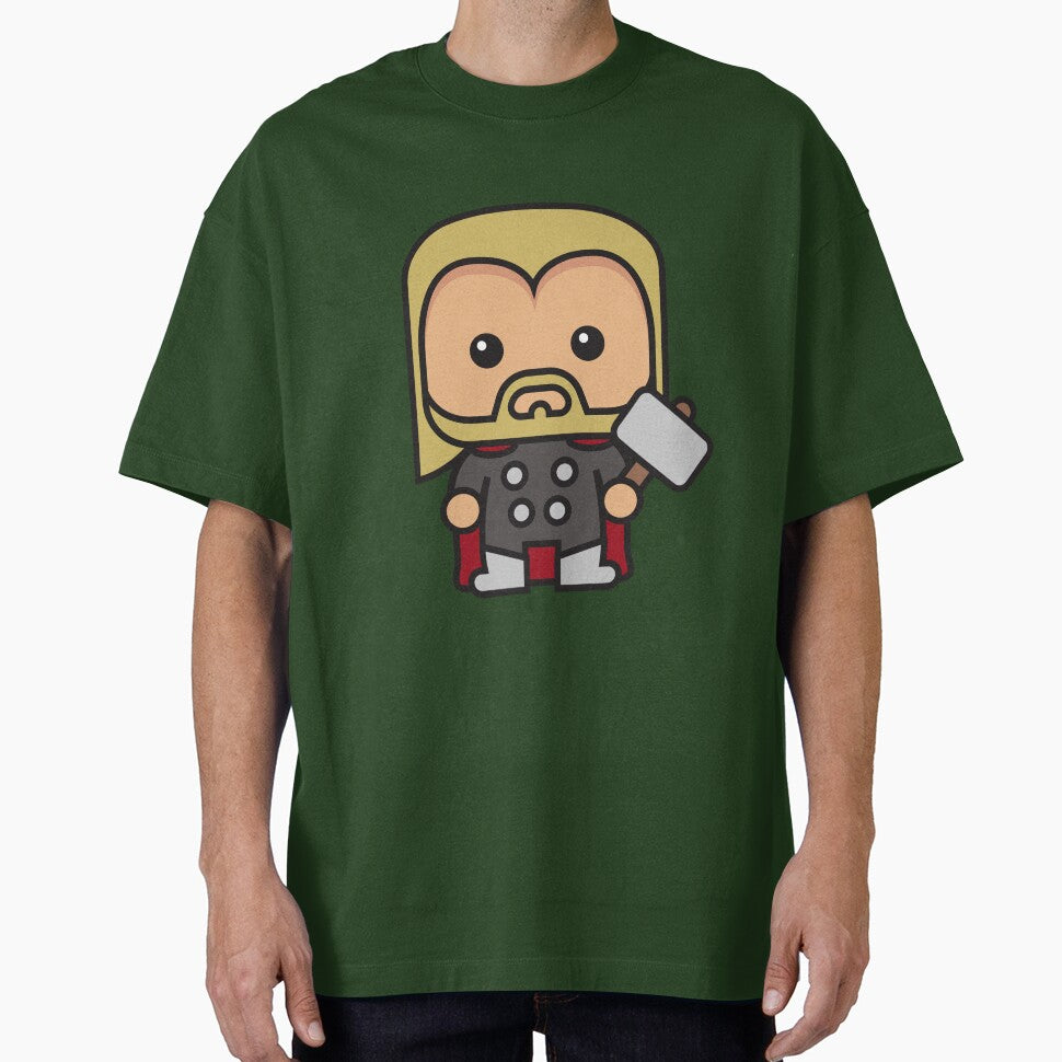 Cute Thunder God Chibi ÿ Kawaii Hammer Hero Cartoon | Myth Inspired Superhero Design Retro Style Tee