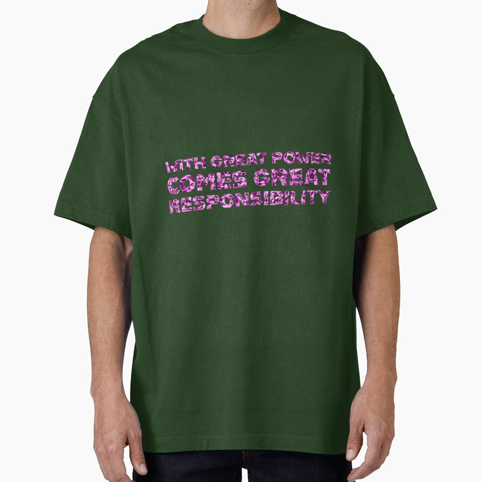 "With Great Power Comes Great Responsibilty" Inspirational Quote Pink Triangular Mosaic Design Retro Style Tee