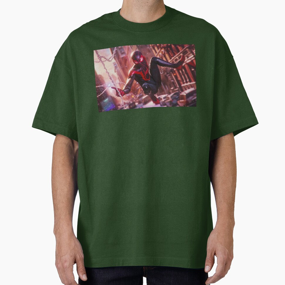 Black Red Spider Hero Swinging Through City | Cyber Spider Fan Art | Urban Superhero Action Illustration Retro Style Tee