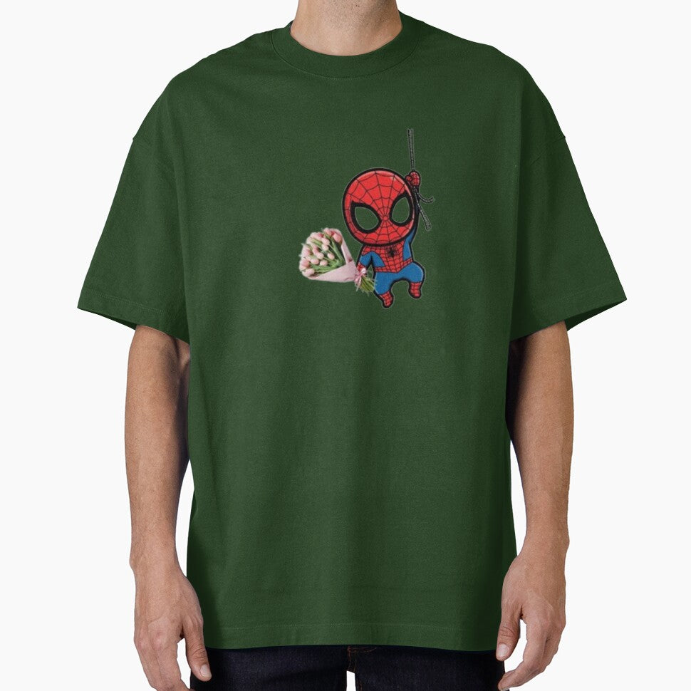 Cute Chibi Spider-Man Holding a Pink Tulip Bouquet Casual Print T-Shirt
