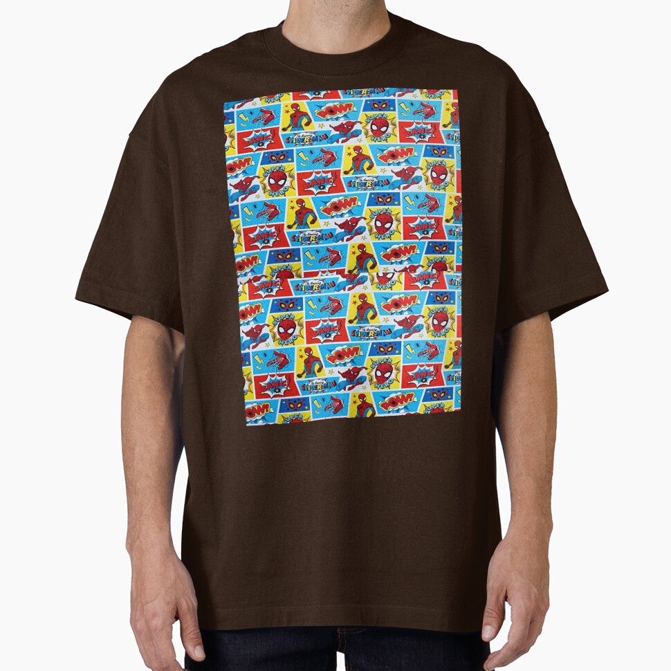 A Fun and Colorful Pattern Featuring Iconic Superheroe Spiderman and Action Phrases in Bright Comic Book Style Classic Graphic Shirt