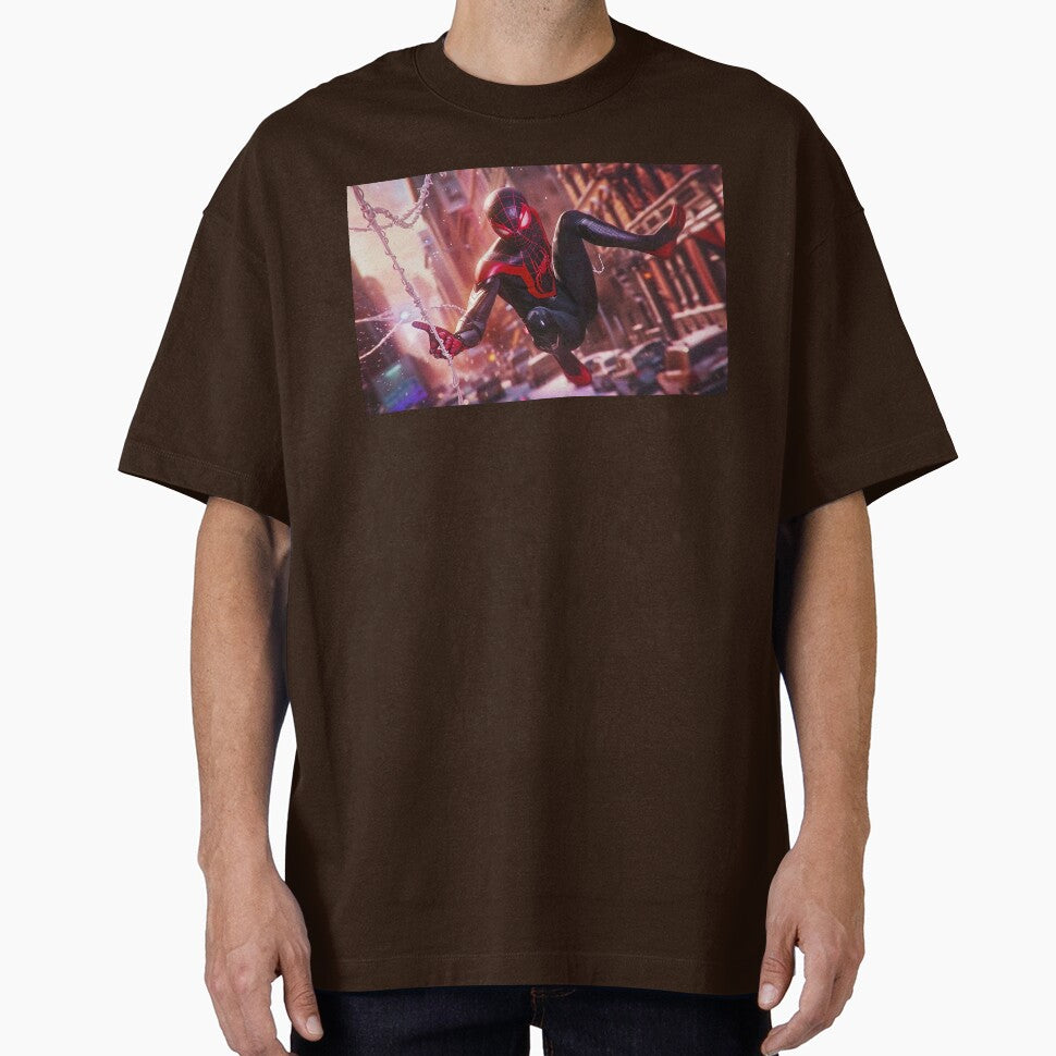 Black Red Spider Hero Swinging Through City | Cyber Spider Fan Art | Urban Superhero Action Illustration Retro Style Tee