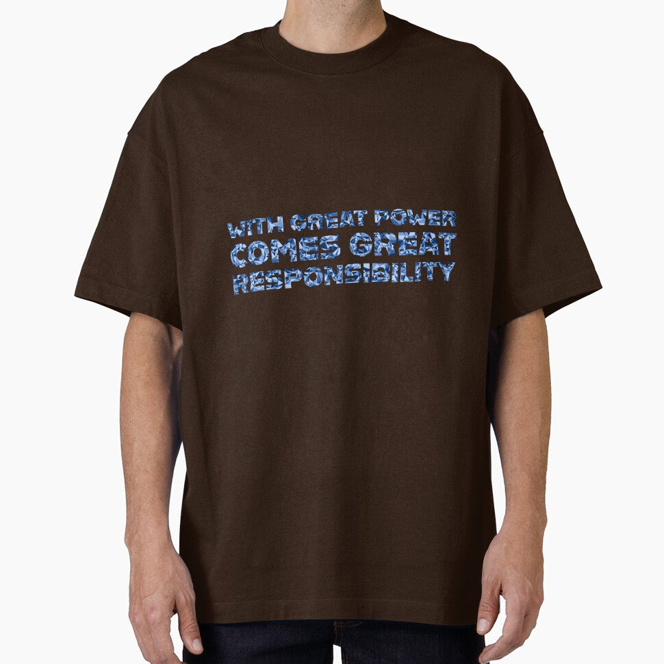 "With Great Power Comes Great Responsibilty" Inspirational Quote Blue Triangular Mosaic Design Casual Print T-Shirt