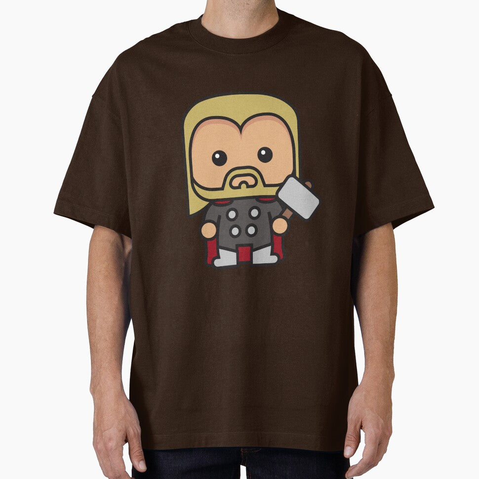 Cute Thunder God Chibi ÿ Kawaii Hammer Hero Cartoon | Myth Inspired Superhero Design Retro Style Tee
