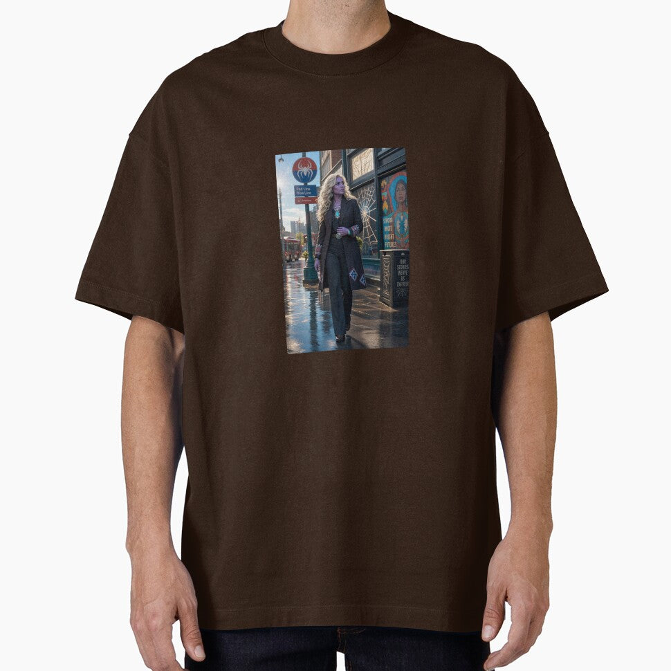 Blonde Woman in Black Coat Spiderman Brand New Day Casual Print T-Shirt