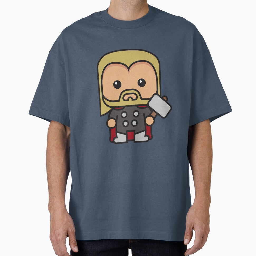 Cute Thunder God Chibi ÿ Kawaii Hammer Hero Cartoon | Myth Inspired Superhero Design Retro Style Tee