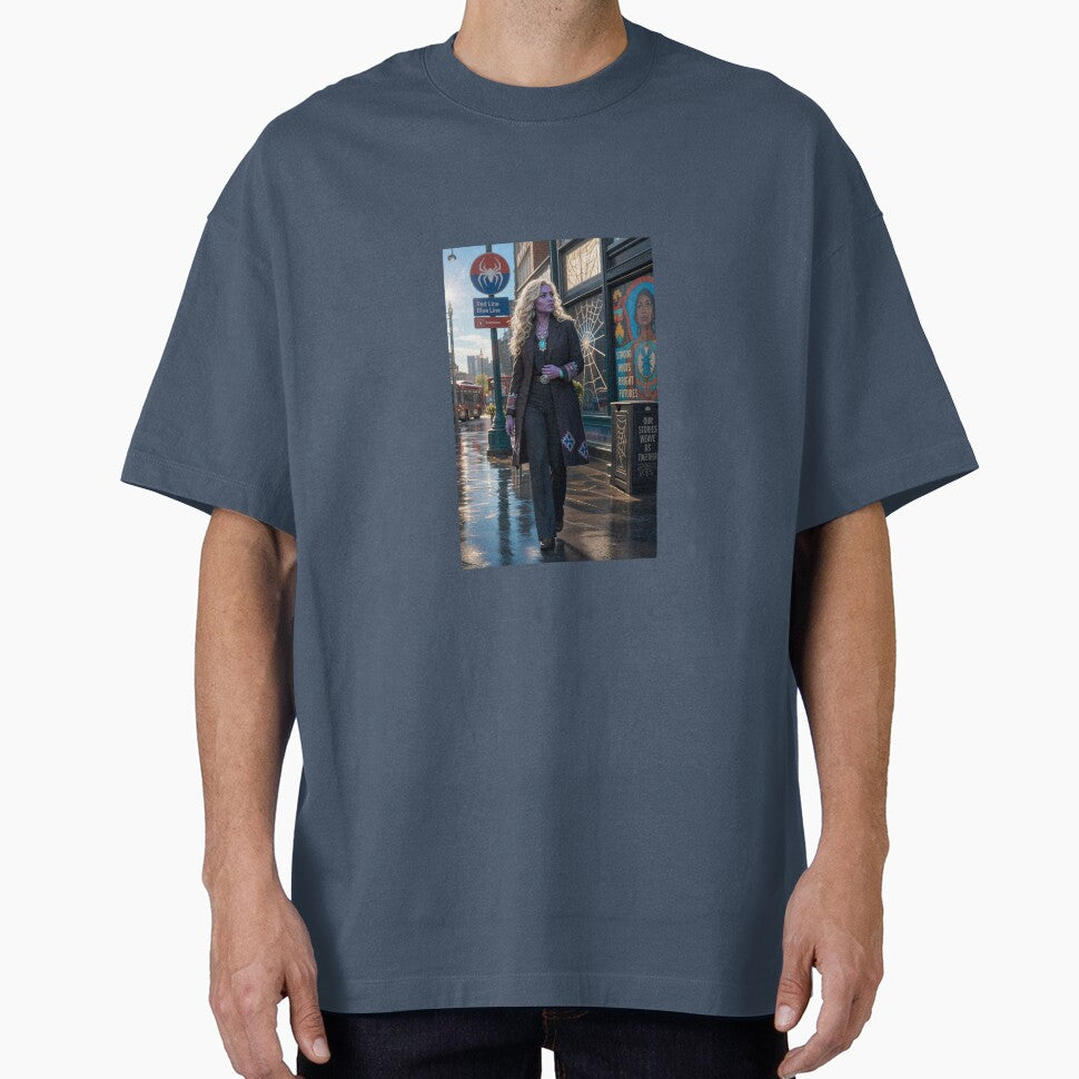 Blonde Woman in Black Coat Spiderman Brand New Day Casual Print T-Shirt