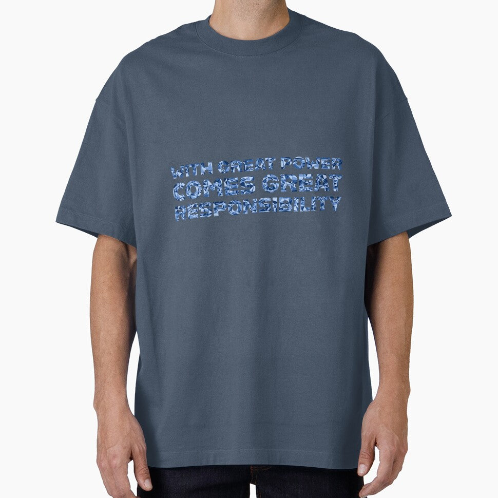 "With Great Power Comes Great Responsibilty" Inspirational Quote Blue Triangular Mosaic Design Casual Print T-Shirt