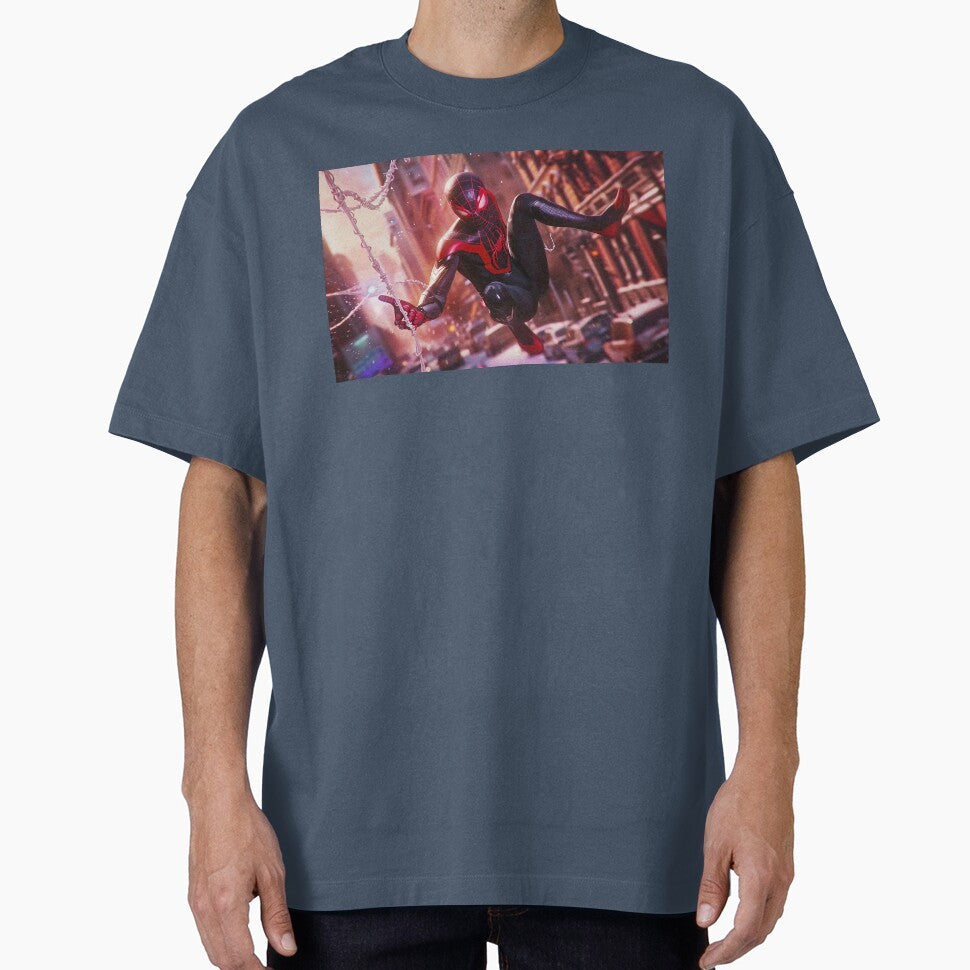 Black Red Spider Hero Swinging Through City | Cyber Spider Fan Art | Urban Superhero Action Illustration Retro Style Tee