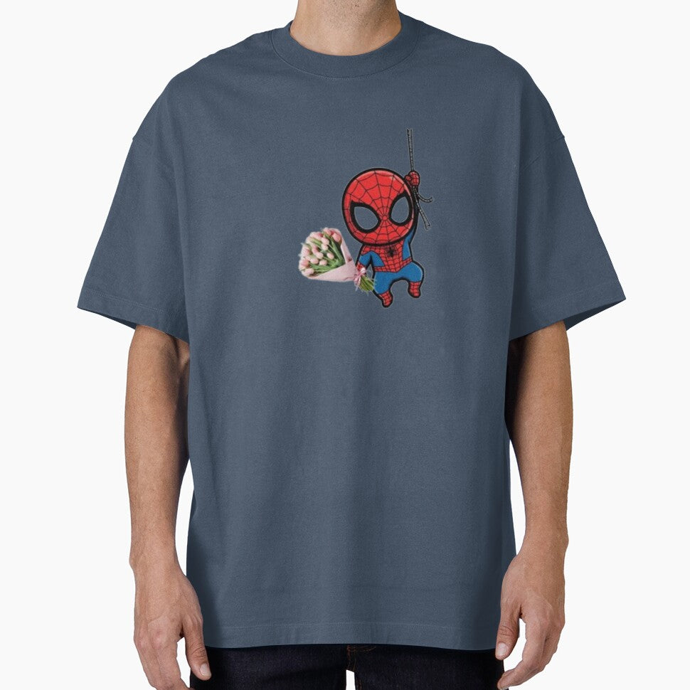 Cute Chibi Spider-Man Holding a Pink Tulip Bouquet Casual Print T-Shirt