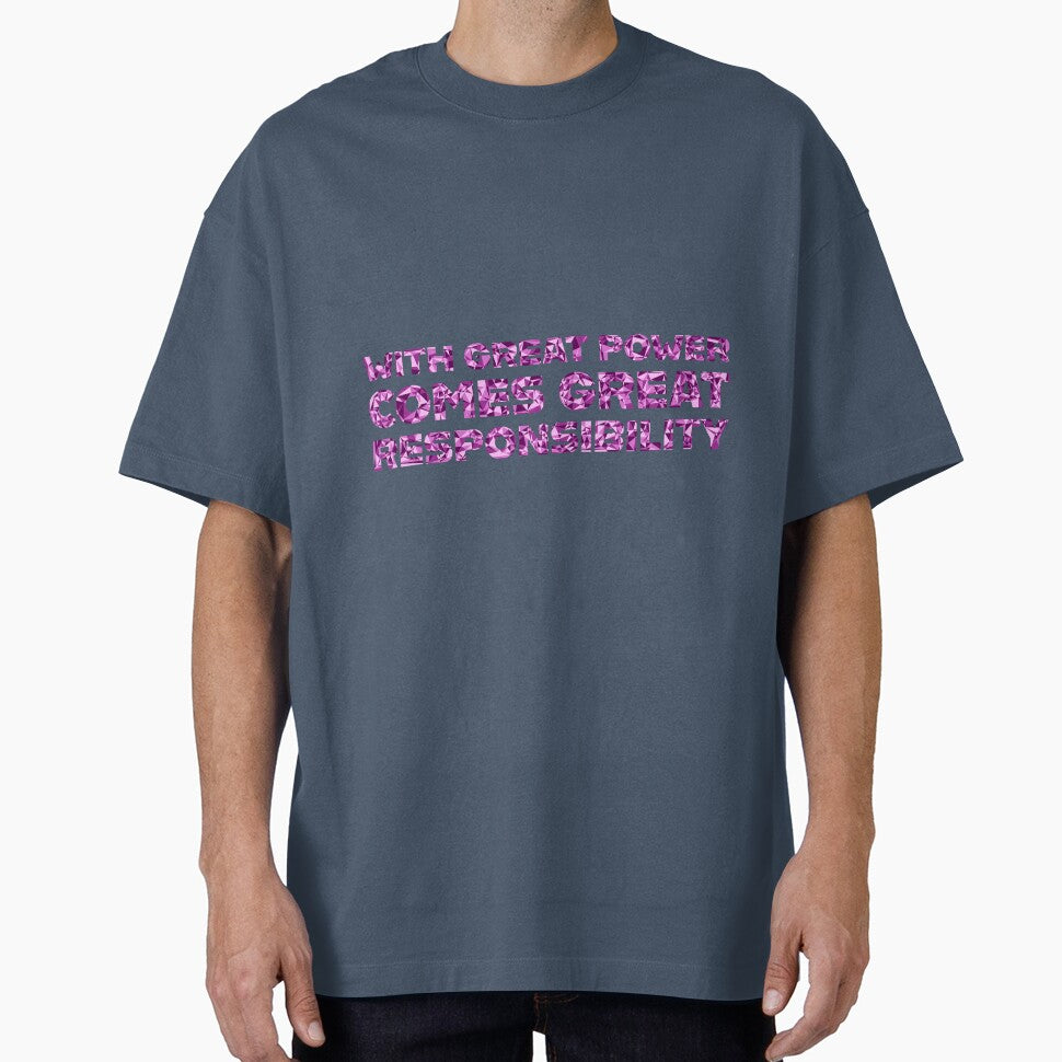 "With Great Power Comes Great Responsibilty" Inspirational Quote Pink Triangular Mosaic Design Retro Style Tee