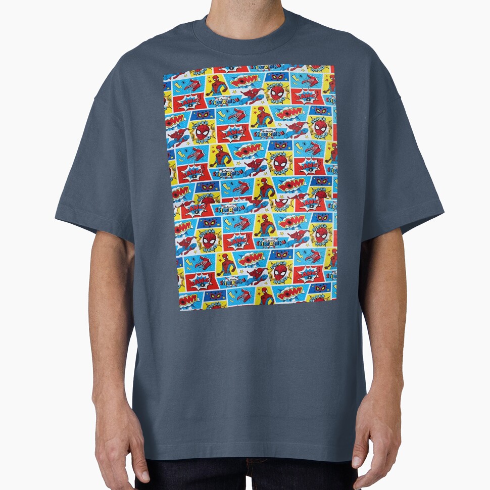 A Fun and Colorful Pattern Featuring Iconic Superheroe Spiderman and Action Phrases in Bright Comic Book Style Classic Graphic Shirt