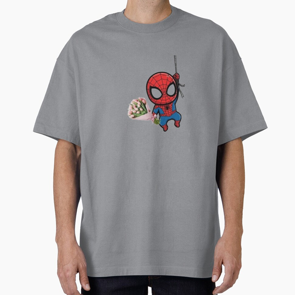 Cute Chibi Spider-Man Holding a Pink Tulip Bouquet Casual Print T-Shirt
