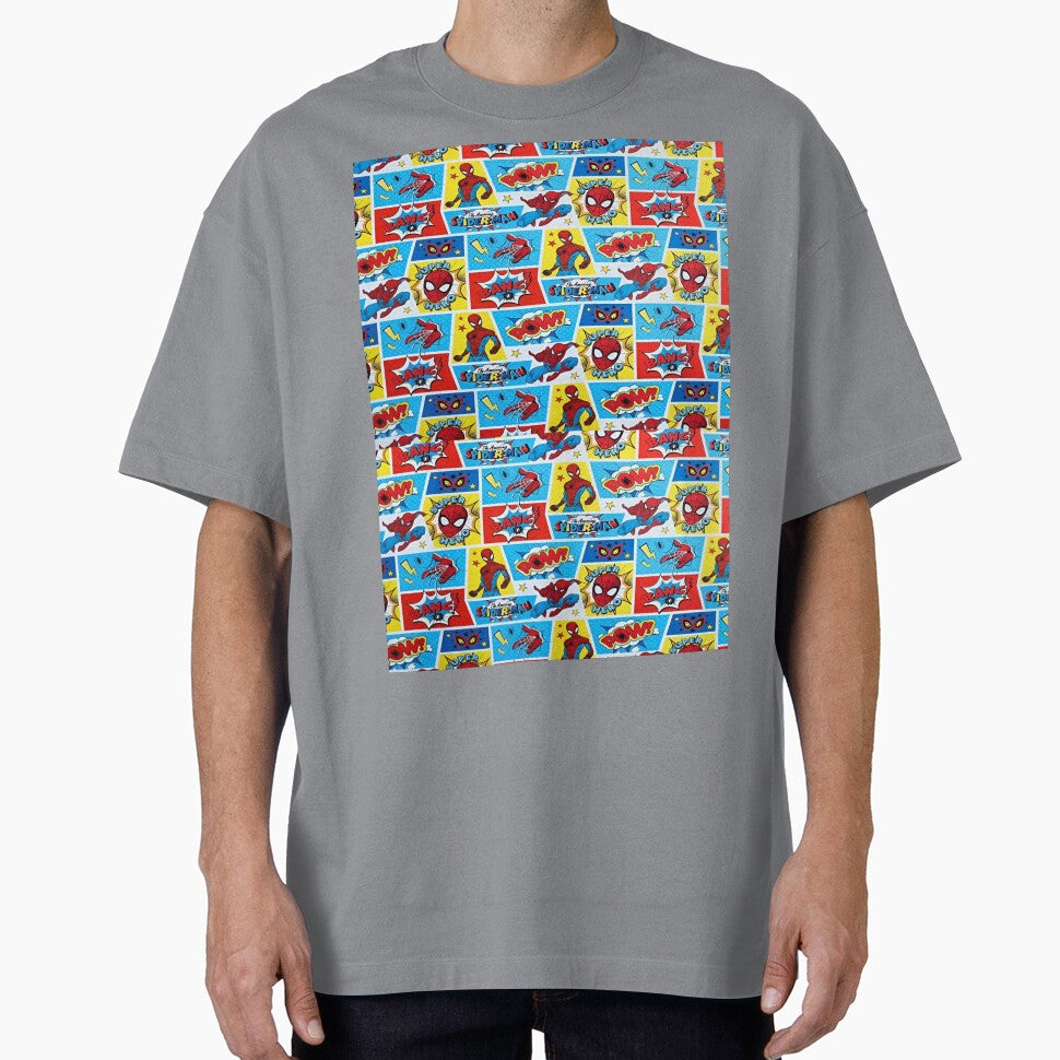 A Fun and Colorful Pattern Featuring Iconic Superheroe Spiderman and Action Phrases in Bright Comic Book Style Classic Graphic Shirt