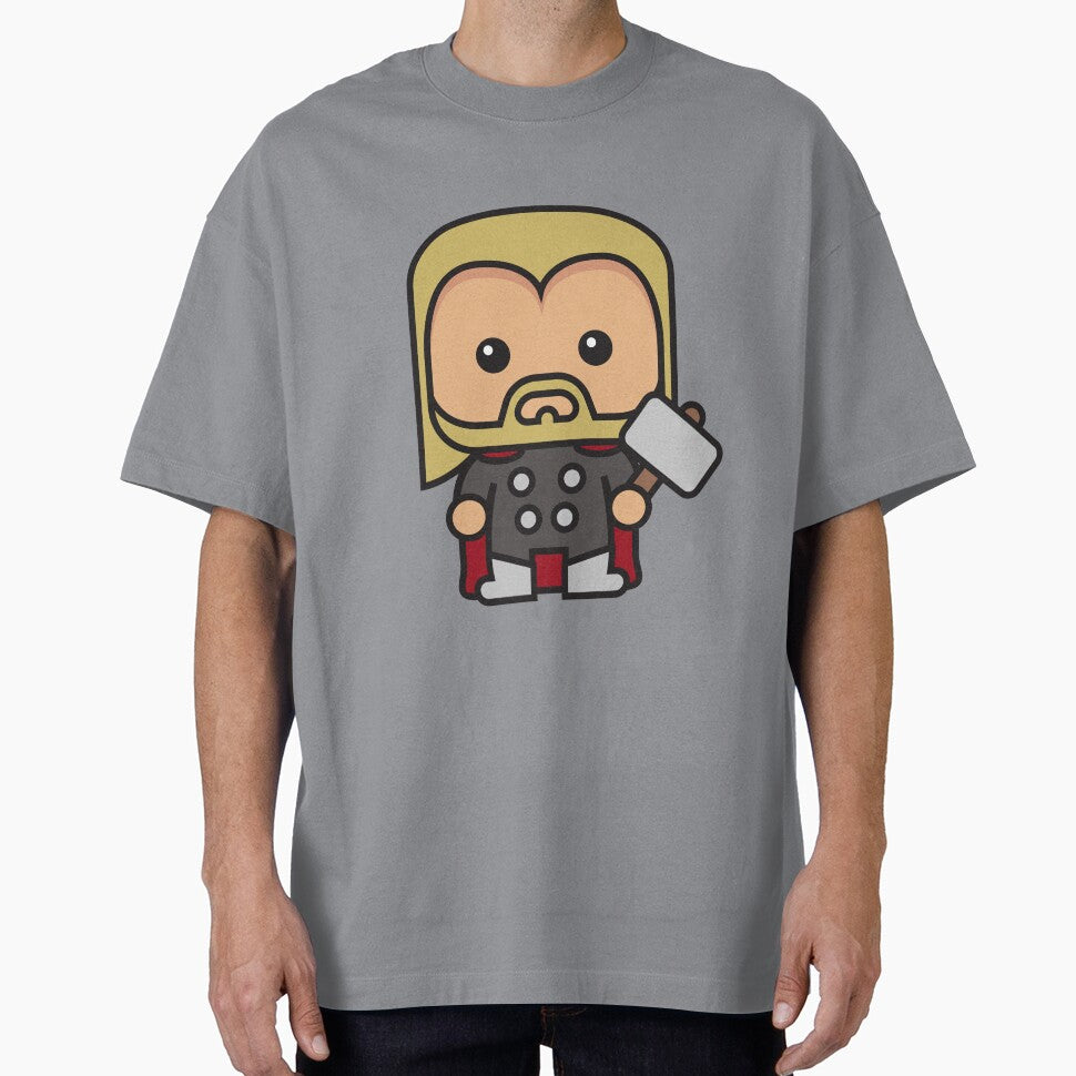 Cute Thunder God Chibi ÿ Kawaii Hammer Hero Cartoon | Myth Inspired Superhero Design Retro Style Tee