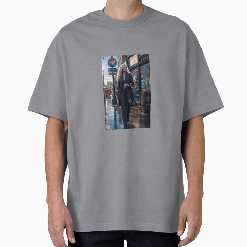 Blonde Woman in Black Coat Spiderman Brand New Day Casual Print T-Shirt