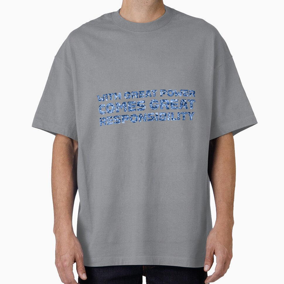 "With Great Power Comes Great Responsibilty" Inspirational Quote Blue Triangular Mosaic Design Casual Print T-Shirt