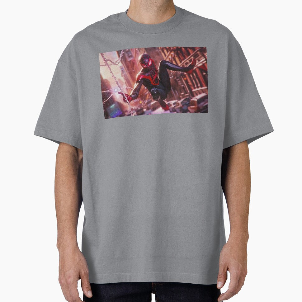 Black Red Spider Hero Swinging Through City | Cyber Spider Fan Art | Urban Superhero Action Illustration Retro Style Tee