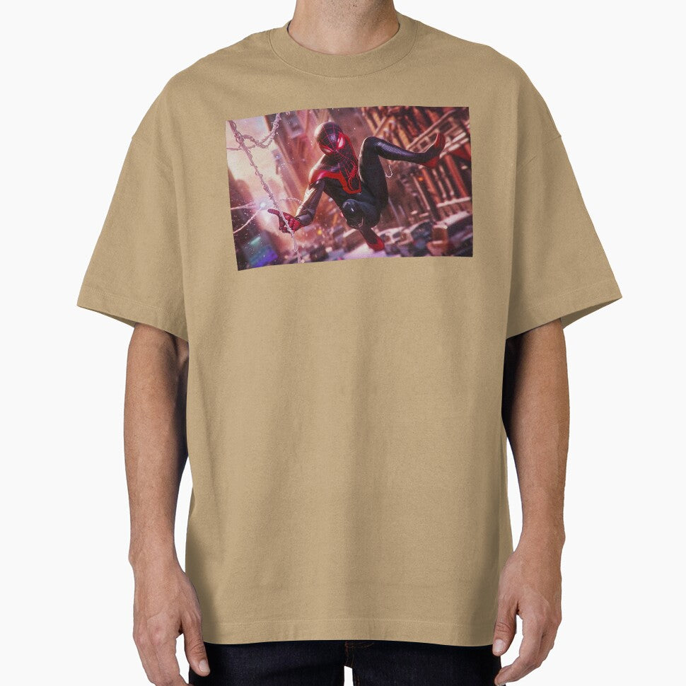 Black Red Spider Hero Swinging Through City | Cyber Spider Fan Art | Urban Superhero Action Illustration Retro Style Tee