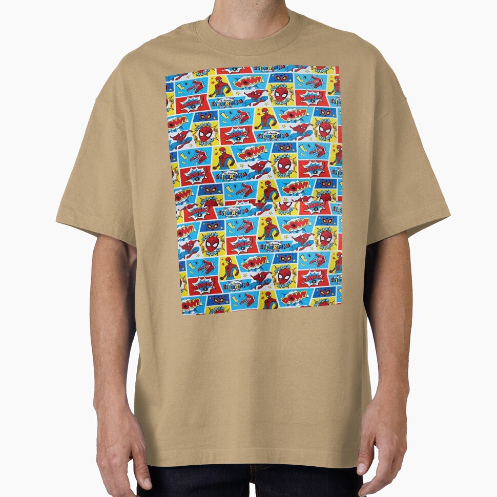 A Fun and Colorful Pattern Featuring Iconic Superheroe Spiderman and Action Phrases in Bright Comic Book Style Classic Graphic Shirt