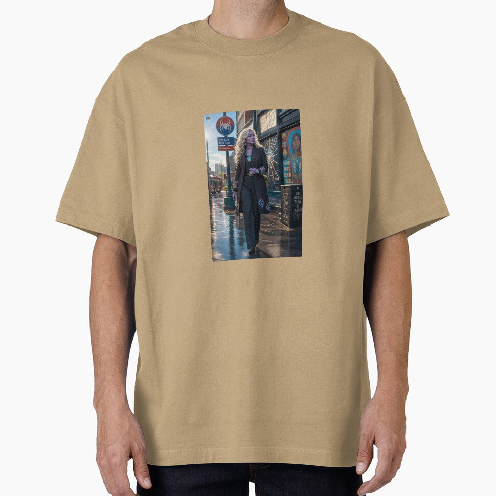 Blonde Woman in Black Coat Spiderman Brand New Day Casual Print T-Shirt