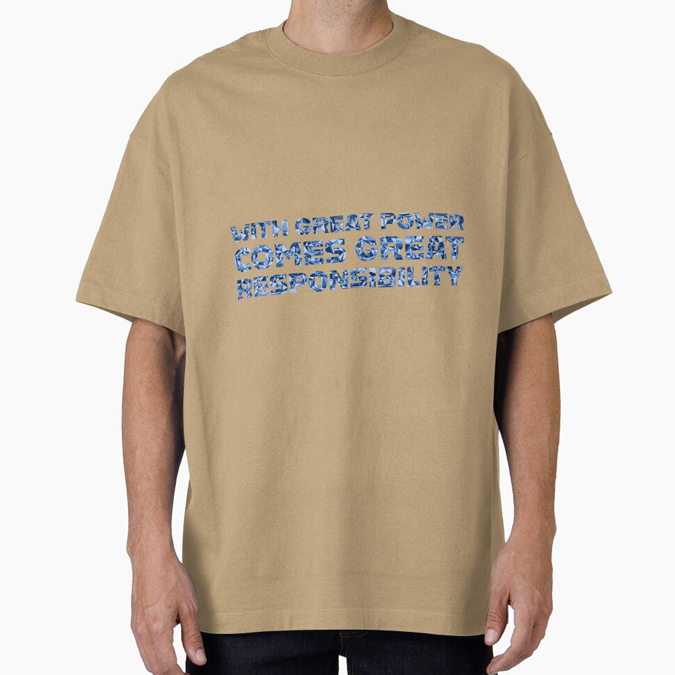 "With Great Power Comes Great Responsibilty" Inspirational Quote Blue Triangular Mosaic Design Casual Print T-Shirt