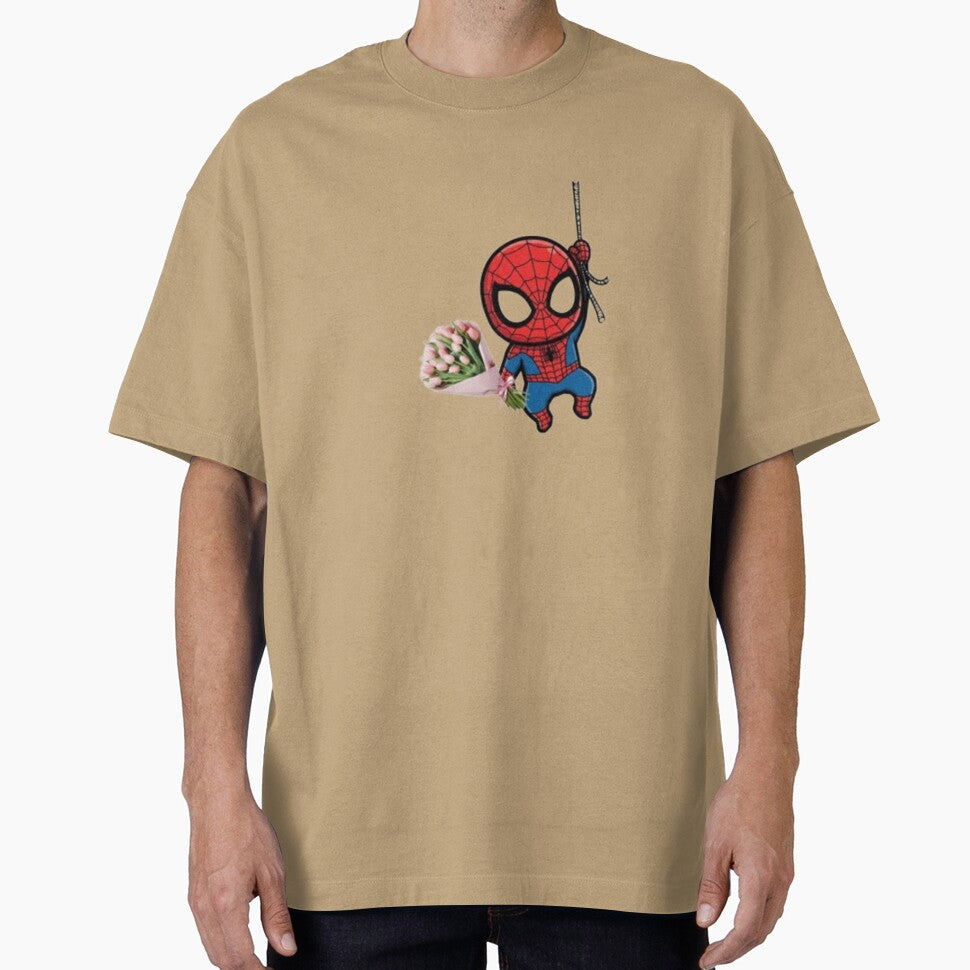 Cute Chibi Spider-Man Holding a Pink Tulip Bouquet Casual Print T-Shirt