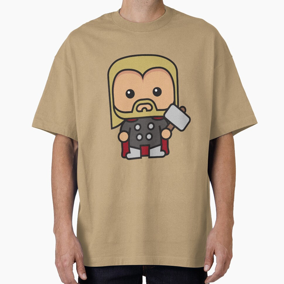 Cute Thunder God Chibi ÿ Kawaii Hammer Hero Cartoon | Myth Inspired Superhero Design Retro Style Tee