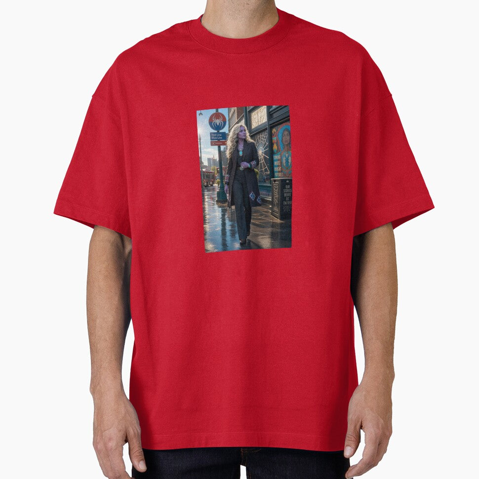 Blonde Woman in Black Coat Spiderman Brand New Day Casual Print T-Shirt
