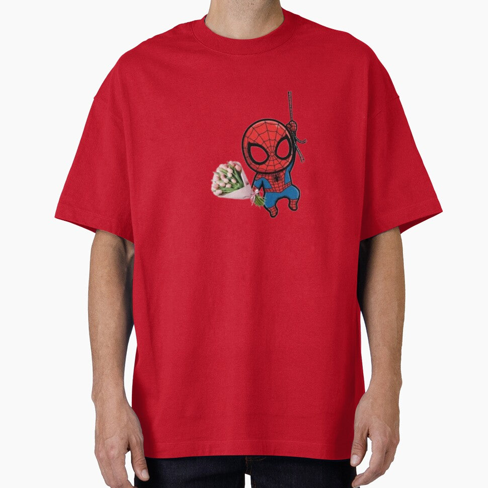 Cute Chibi Spider-Man Holding a Pink Tulip Bouquet Casual Print T-Shirt