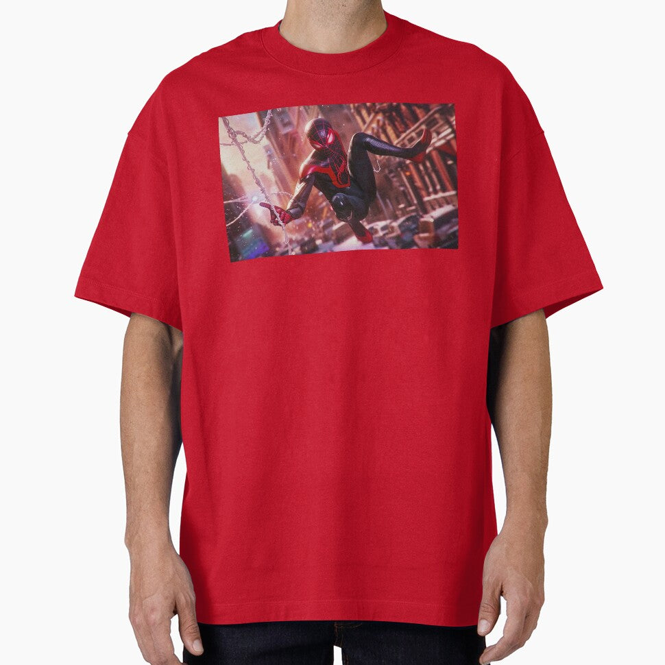 Black Red Spider Hero Swinging Through City | Cyber Spider Fan Art | Urban Superhero Action Illustration Retro Style Tee