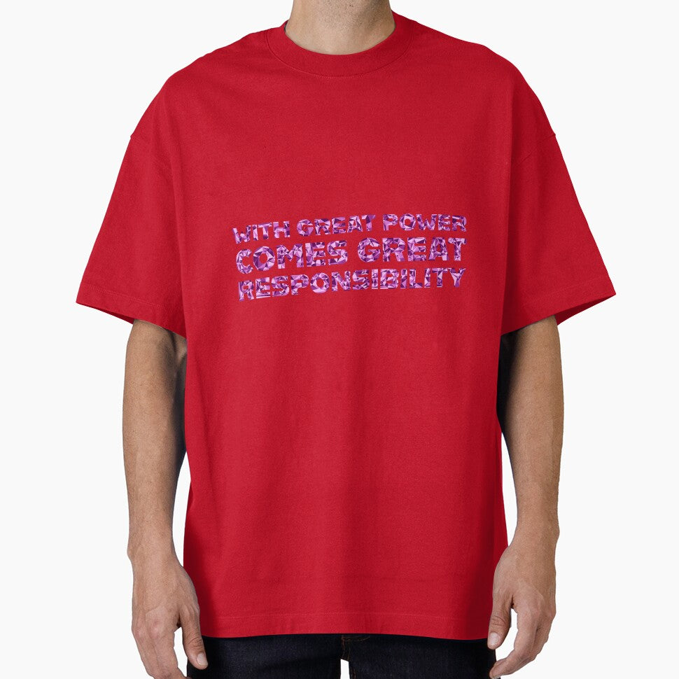 "With Great Power Comes Great Responsibilty" Inspirational Quote Pink Triangular Mosaic Design Retro Style Tee