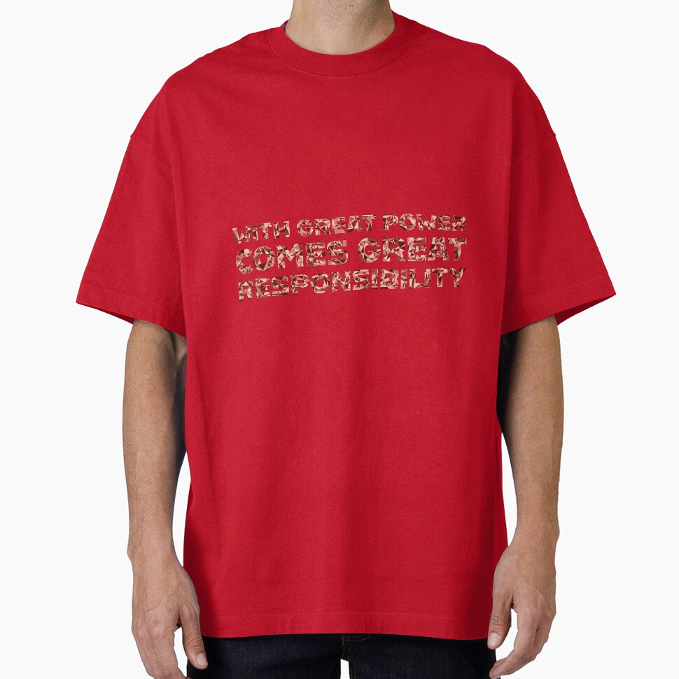 "With Great Power Comes Great Responsibilty" Inspirational Quote Red Triangular Mosaic Design Retro Style Tee