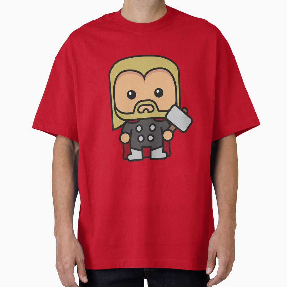 Cute Thunder God Chibi ÿ Kawaii Hammer Hero Cartoon | Myth Inspired Superhero Design Retro Style Tee