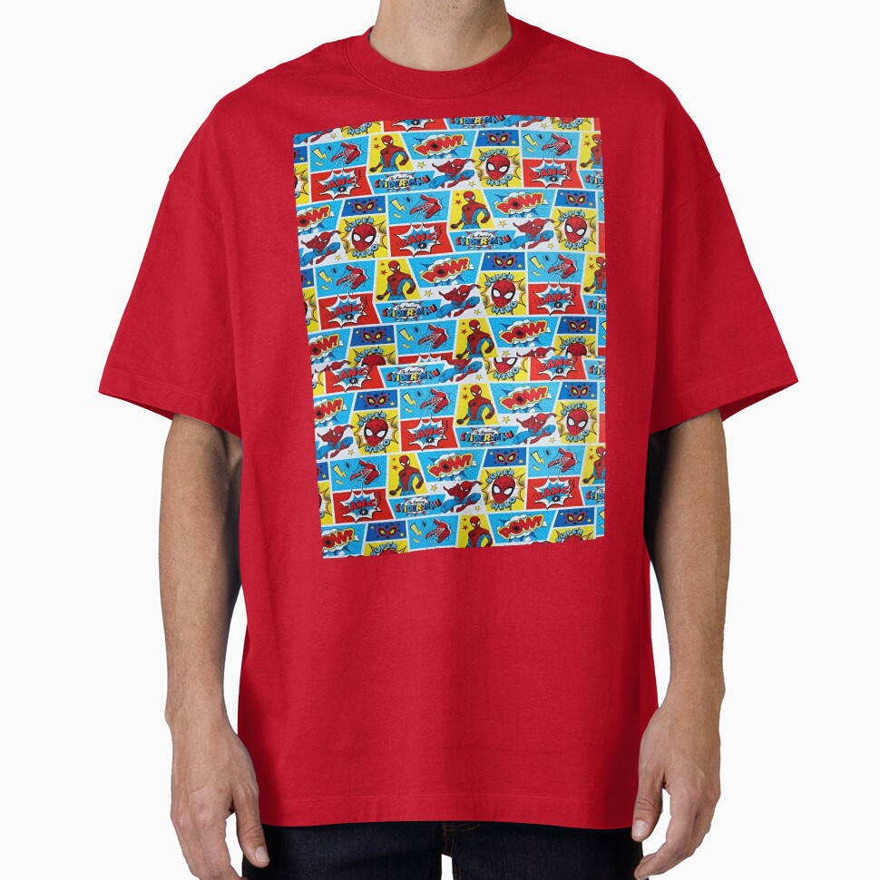 A Fun and Colorful Pattern Featuring Iconic Superheroe Spiderman and Action Phrases in Bright Comic Book Style Classic Graphic Shirt