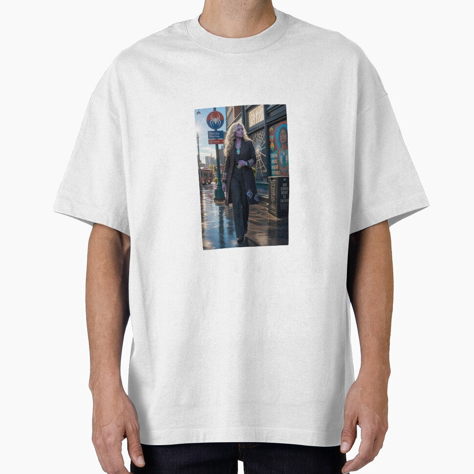 Blonde Woman in Black Coat Spiderman Brand New Day Casual Print T-Shirt