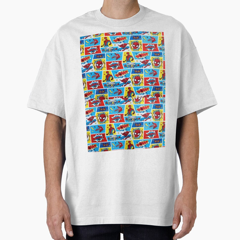 A Fun and Colorful Pattern Featuring Iconic Superheroe Spiderman and Action Phrases in Bright Comic Book Style Classic Graphic Shirt
