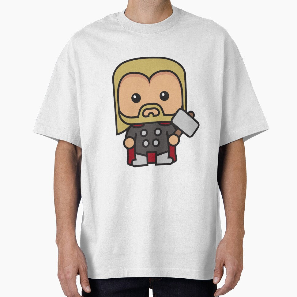 Cute Thunder God Chibi ÿ Kawaii Hammer Hero Cartoon | Myth Inspired Superhero Design Retro Style Tee
