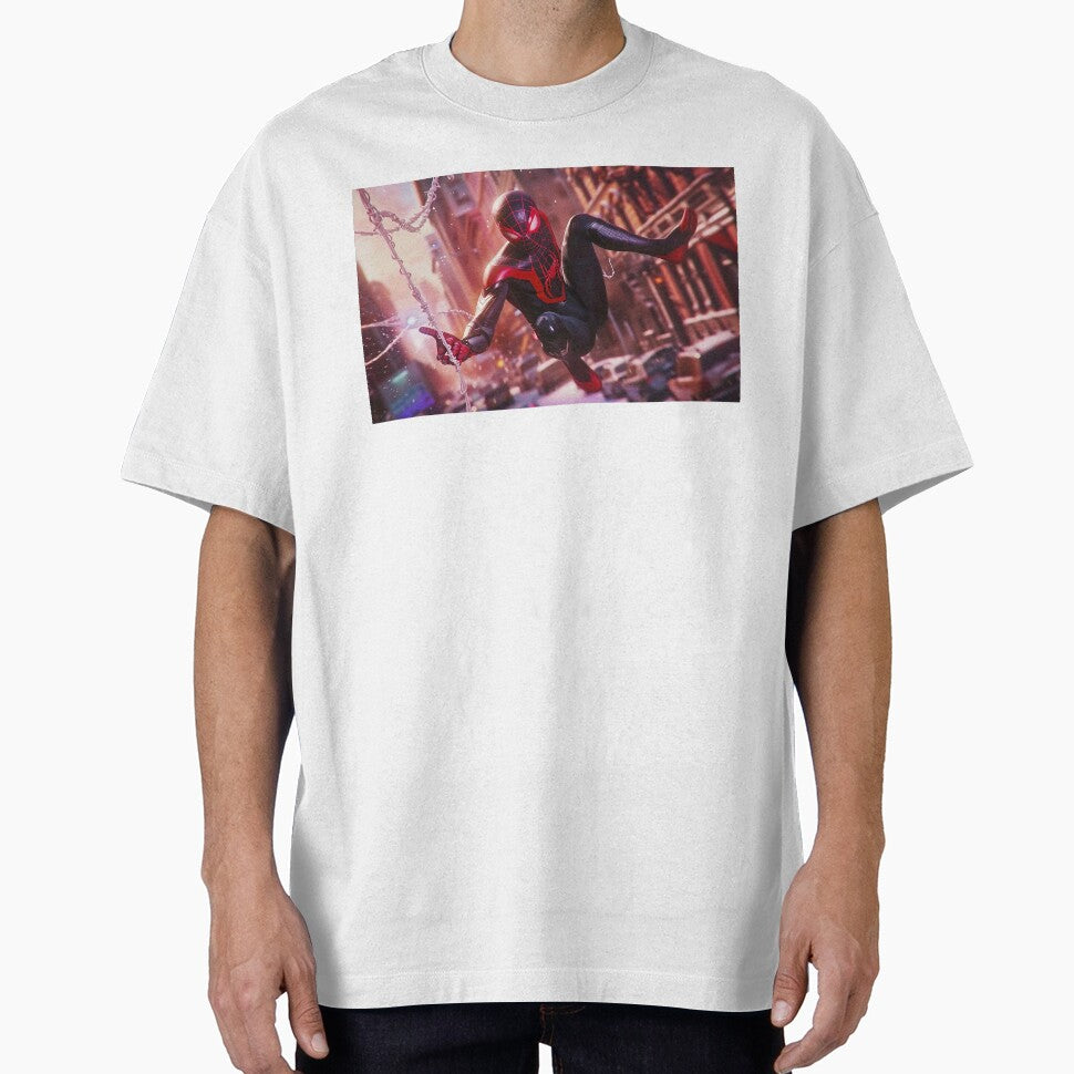 Black Red Spider Hero Swinging Through City | Cyber Spider Fan Art | Urban Superhero Action Illustration Retro Style Tee