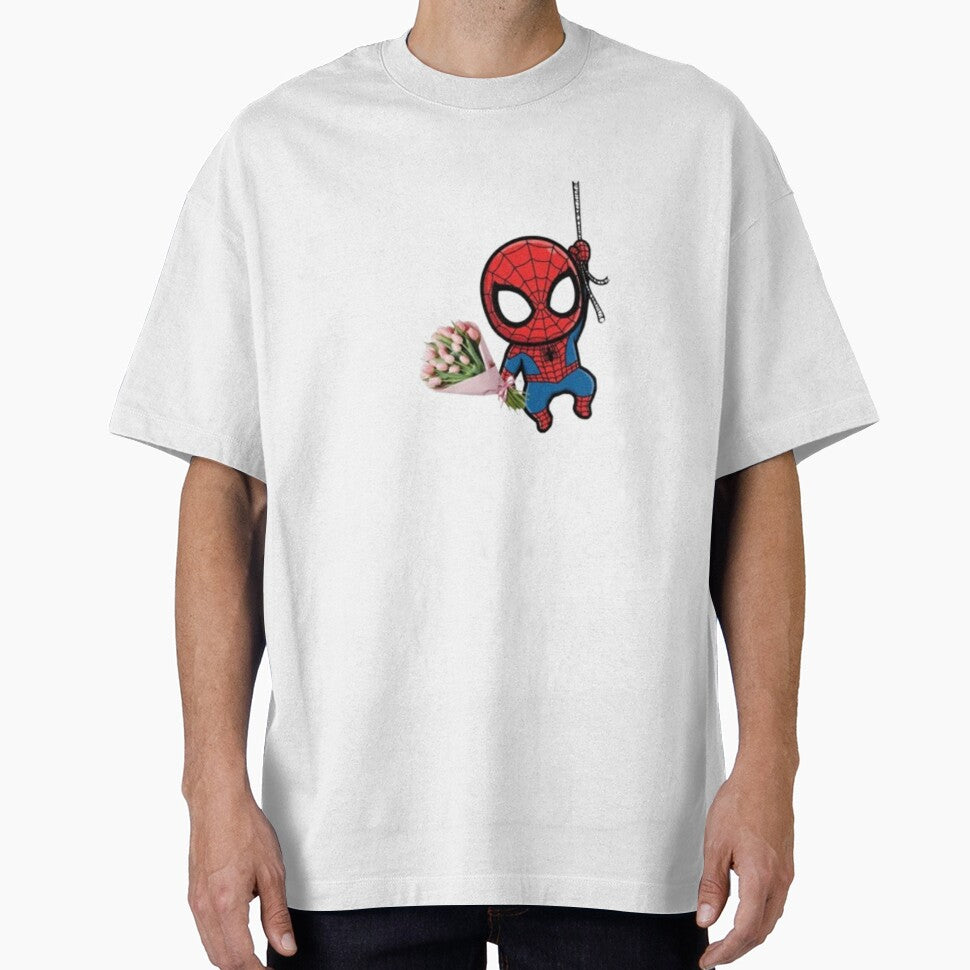 Cute Chibi Spider-Man Holding a Pink Tulip Bouquet Casual Print T-Shirt